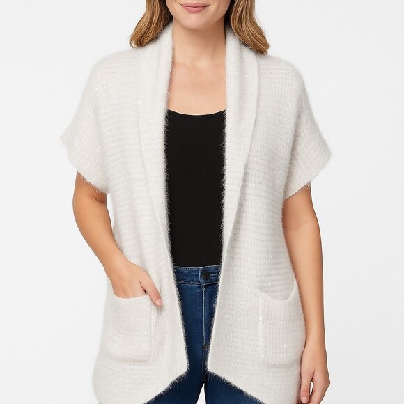 XOXO  Gray White Open Front Sequin sparkly Sweater Sleeveless Size M - Picture 1 of 5